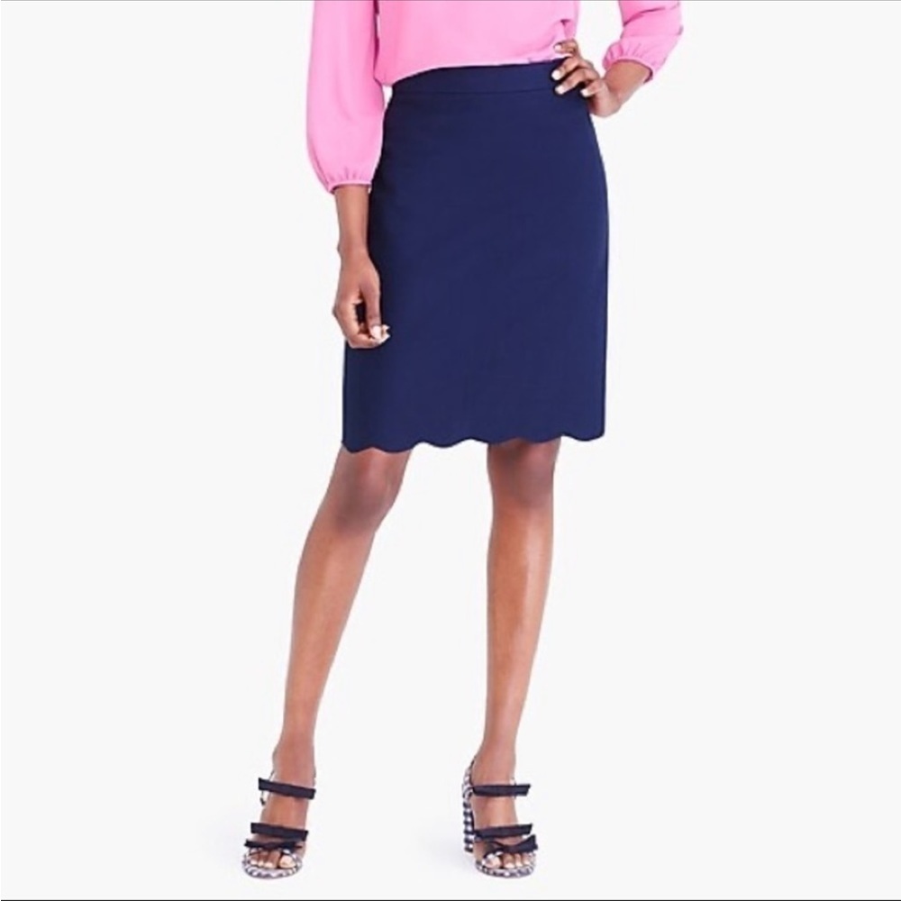J.Crew‎ Navy Scalloped Hem Pencil Skirt Cotton Knee Length Preppy 0 L1133
